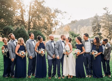 Navy And Grey Bridal Party, Navy Wedding Bright Flowers, All Navy Wedding Party, Grey Wedding Cakes, Gray Fall Wedding, Fall Wedding Color Inspiration, Grey Fall Wedding, Navy Blue Bridal Party, Navy And Grey Wedding