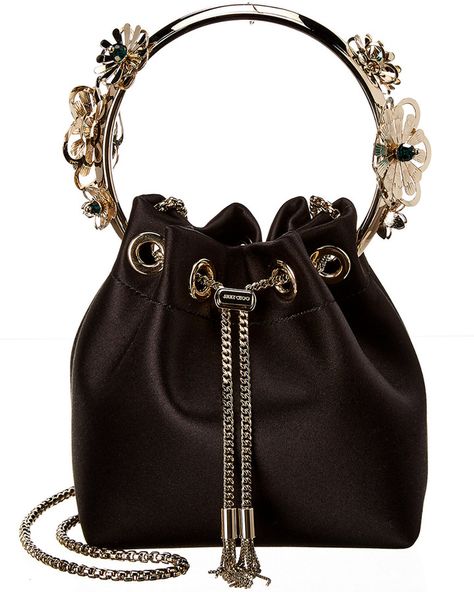 Jimmy Choo Bon Bon Floral Detail Handle Satin Bucket Bag Jimmy Choo Bon Bon Bag, Heels And Bags, Velvet Handbag, Jimmy Choo Bags, Dream Bags, Jimmy Choo Handbags, Aesthetic Edits, Jimmy Choo Bag, Bag Obsession