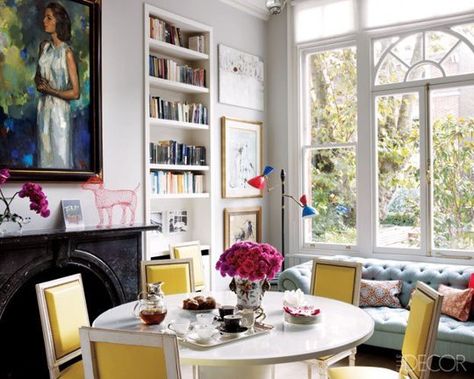 Christine D'Ornano's home in Elle Decoration: colourful chairs, art and accessories lift neutral backdrop Yellow Chairs, Dining Room Library, Eclectic Dining Room, Eclectic Dining, London Townhouse, Yellow Chair, A Living Room, Breakfast Room, White Interior