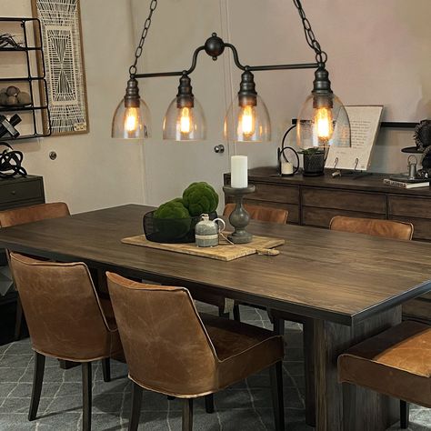 Dark Dining Room, Chandelier Store, Dining Chandelier, Island Chandelier, Kitchen Island Lighting Pendant, Vintage Bulb, Rustic Materials, Seeded Glass, Bubble Glass