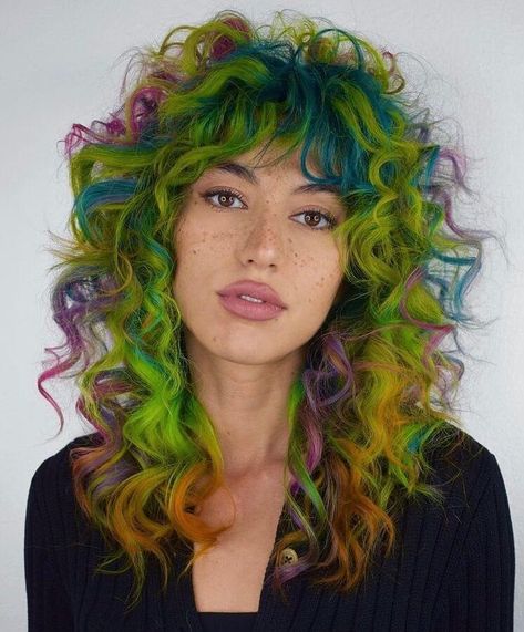 Shag Mullet, Curly Shag, Multicolored Hair, Shag Hairstyles, Creative Hairstyles, Cut My Hair, Hair Inspo Color, Rainbow Hair, Cool Hair Color