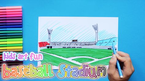 How to draw and color Baseball Stadium How To Draw A Baseball Field, How To Drow, Baseball Stadium, Poster Board, Baseball Field, Art For Kids, To Draw, Concept Art, Baseball