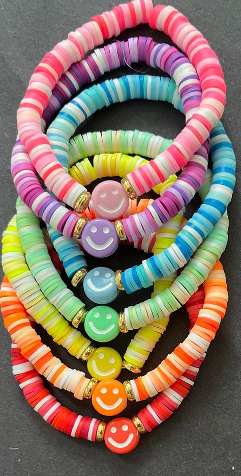 Each bracelet is 17cm Cute Ideas For Bracelets, Fun Bracelet Ideas, Clay Bracelet Idea, Cute Bracelets Ideas Beads, Handmade Bracelets Ideas Beads, Heishi Bead Bracelet Ideas, Cool Diy Bracelets, Cute Beaded Bracelet Ideas, Preppy Clay Beads