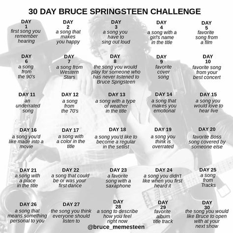 Bruce Springsteen Memes on Instagram: “Your Bruce Springsteen #30daychallenge 📅 Feel free to tag me in your stories! #brucespringsteen #springsteen #estreetbanter” Bruce Springsteen Memes, Name Songs, Sing Out, 30 Day Challenge, Bruce Springsteen, Girl Names, Out Loud, Your Story, 30 Day