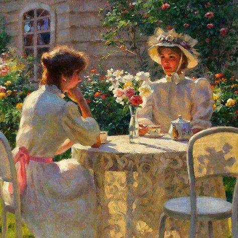 International Tea Day, Outdoor Tea Parties, Tea Day, Morning Rose, Victorian Paintings, Tea Art, Old Paintings, Plein Air Paintings, Abstract Images