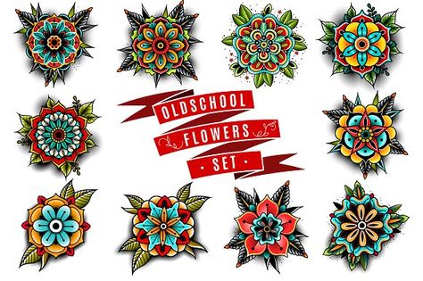 oldschool flowers set by Adamova on @creativemarket Fernweh Tattoo, Mandala Arm Tattoo, Old School Tattoo Sleeve, Tato Mandala, Old School Rose, Tato Tradisional, Traditional Ideas, Traditional Tattoo Flowers, Sanskrit Tattoo