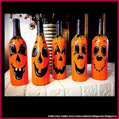 Dollar Store Crafter: Turn Empty Wine Bottles Into Cute Pumpkin Faces Halloween Wine Bottle Crafts, Cute Pumpkin Faces, Crafts Dollar Tree, Swirl Cookies, Halloween Wine Bottles, Pumpkin Wine, Hanging Herb Garden, Hand Painted Wine Bottles, Halloween Craft Projects