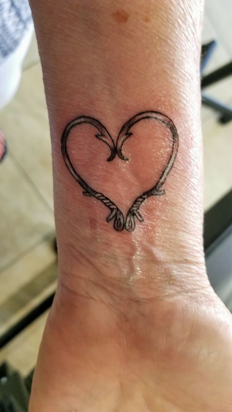 Heart of fishing hooks tattoo Fish Hook Tattoo Couples, Fish Hook Tattoo Women, Fish Hook Heart Tattoo, Fishing Tattoos, Hook Tattoo, Fishing Hook Tattoo, Fishing Tattoo, Hook Tattoos, Love Heart Tattoo