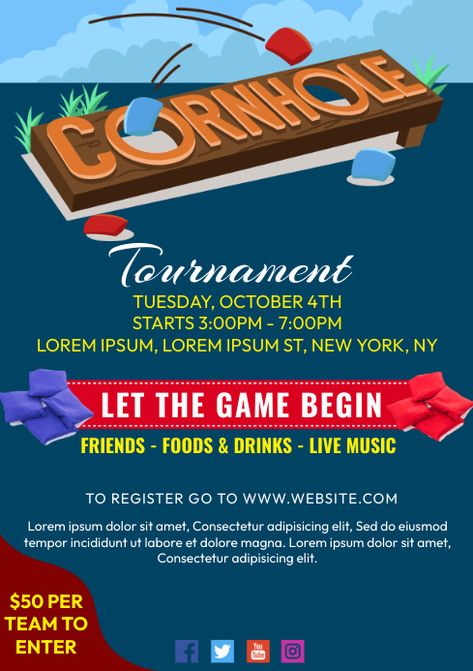 Fundraising Flyer Design, Cornhole Tournament Flyer, Work Posters, Cornhole Tournament, Gaming Poster, A4 Document, Fundraiser Flyer, Invert Colors, Gaming Posters