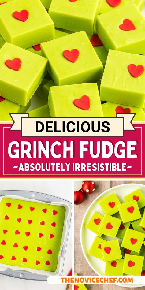 Grinch Fudge, White Chocolate Fudge Recipes, Grinch Cake, Christmas Sweet Treats, Microwave Fudge, White Chocolate Fudge, Fudge Recipes Chocolate, Christmas Fudge, Heart Sprinkles