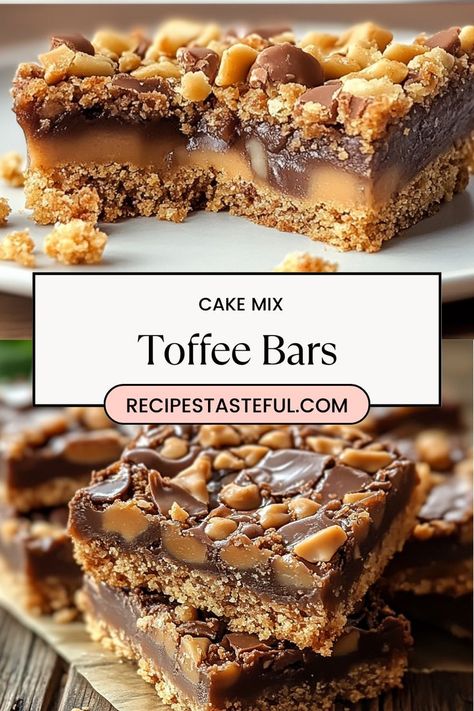 Deliciously easy Cake Mix Toffee Bars are a perfect sweet treat, combining buttery toffee bits with the convenience of cake mix. Ideal for parties, potlucks, or a simple dessert at home! Cake With Toffee Bits, Caramel Toffee Bars, Heath Bars Recipes Toffee, Cake Mix Toffee Bars Condensed Milk, Date Squares Recipe Easy, Desert Bars For A Crowd, Box Mix Desserts, Dessert Gifts Ideas, Quick Potluck Desserts