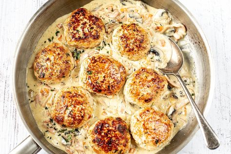 These country-style chicken rissoles are packed full of flavour and served in a creamy mushroom and bacon sauce. One Dish Dinner Recipes, Creamy Tuna Pasta Bake, Chicken Rissoles, Rissoles Recipe, Creamy Tuna Pasta, Bacon Sauce, Sour Cream Chicken, Pan Fried Chicken, Australia Food