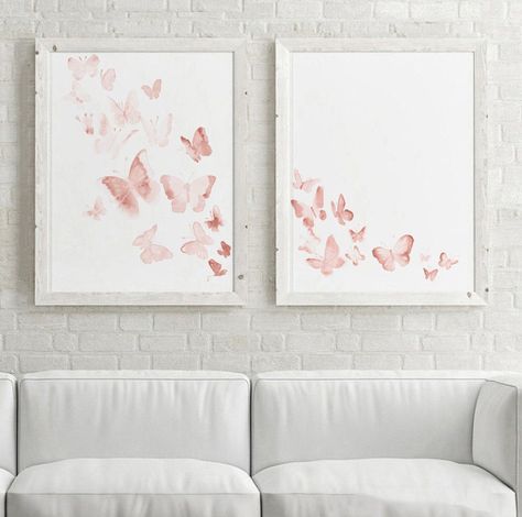 Butterfly Nursery Wall Art, Butterfly Nursery Theme, Kids Room Illustration, Fantasy Prints, Blush Pink Decor, Picture Displays, 2 Butterflies, Birthday Watercolor, Room Illustration