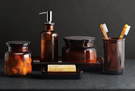 beautiful bathroom accessories | Materialology » Beautiful Pharmacy inspired amber glass bathroom ... Guest Bathroom Essentials, Apothecary Bathroom, Glass Bathroom Accessories, Amber Glassware, Counter Top Accessories, Amber Bottles, Garage Conversion, Soap Dispensers, Apartment Plans