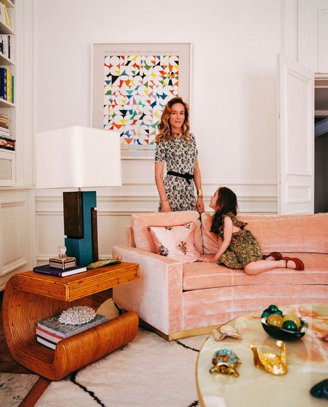 Inside the Sparkling Paris Home of Jewelry Designer Aurélie Bidermann | Architectural Digest | Architectural Digest Pink Velvet Sofa, Paris Home, Aurelie Bidermann, Colorful Ceramics, Deco Furniture, Art Deco Furniture, Gwyneth Paltrow, Vintage Moroccan Rugs, Inspiration Wall