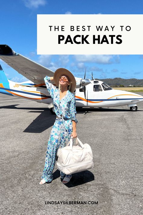 Learn how to pack hats for travel! These tips and tricks will help you ensure that your hats stay in tiptop shape throughout your journey. | how to pack hats for travel | how to pack hats in a suitcase | how to pack beach hats | how to pack sun hats | how to pack your hats | hat packing tips Packing Hats For Travel, Travel Sun Hats For Women, How To Pack Hats For Travel, Diy Hat Clip For Travel, Travel Hats For Women, Flat Brimmed Hat Women, Lindsay Silberman, Travelling Outfit, Packable Sun Hat