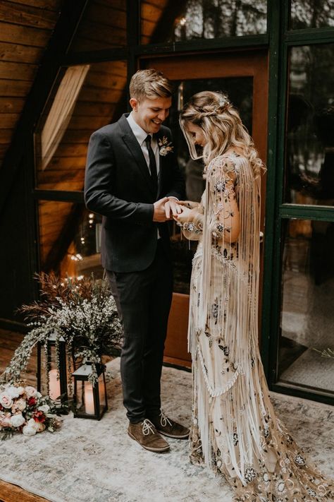 This A-Frame Cabin Elopement Inspiration is the Epitome of The PNW | Junebug Weddings Astronomy Wedding, Cabin Elopement, Vintage Astronomy, Frame Cabin, Bohemian Bridal, Goddess Dress, Bohemian Wedding Dresses, Ceremony Backdrop, Wedding Vibes