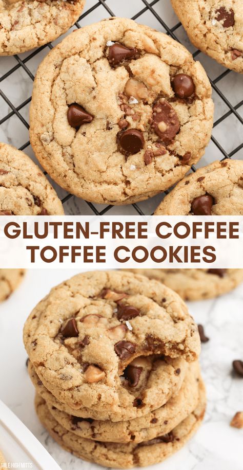 Gluten-free Coffee Toffee Cookies have crispy edges, soft centers, and are loaded with chocolate chips, coffee and toffee bits throughout. They're decadent, easy to make in one bowl, require no chill, and great as a Christmas Cookie. Gluten Free Toffee Cookies, Gluten Free Coffee Cookies, Celiac Desserts, Gluten Free Christmas Recipes, Coffee Toffee, Gf Treats, Ic Diet, Gf Sweets, Gluten Free Coffee