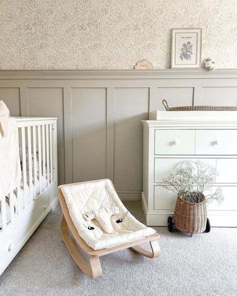 Nursery With White Wainscoting, Wallpaper And Panelling Nursery, Wall Paneling Ideas Nursery, Paneled Walls Nursery, Board Batten Nursery, Nursery Wood Paneling, Nursery Ideas With Wallpaper, Beadboard Half Wall Nursery, Nursery Wall Trim