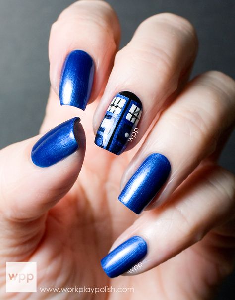 Digit-al Dozen Does it AGAIN: Geek Week! The Tardis Doctor Who Nails Designs, Dr Who Nail Art, Doctor Who Nail Art, Nerdy Nail Art, Tardis Nails, Doctor Nails, Cobalt Nails, Doctor Who Nails, Nerdy Nails