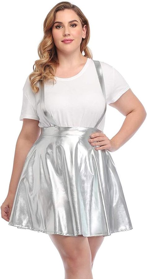 Silver Jumper from Amazon. Super cute and straight from Amazon! Holographic Outfit, Rave Skirt, Pinafore Skirt, Outfit Plus Size, Skater Skirts, Overall Skirt, Derby Dress, 80s Outfit, Plus Size Brands