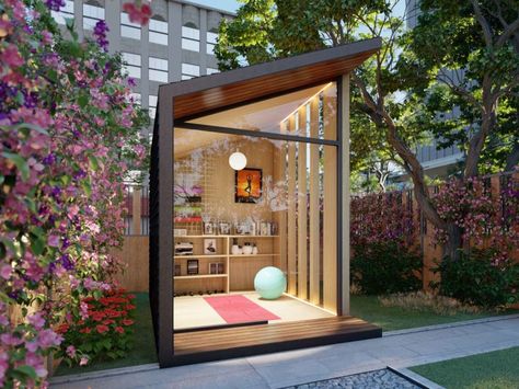 With slightly different decor, the pod could be used for anything, like as a yoga studio. - Autonomous Work Pod, Office Shed, Garden Pods, Tiny Office, Office Pods, Backyard Studio, Backyard Office, Yoga Space, Outdoor Office