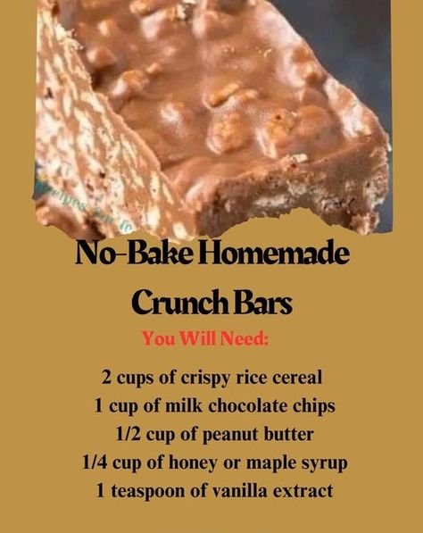 Melt milk chocolate chips, peanut butter, and honey/maple syrup in a microwave or double boiler. Mix with vanilla extract. Combine with crispy rice cereal & salt. Press into a lined 8x8 pan & chill 1 hour. Cut into squares. Enjoy fresh or store in fridge for up to 1 week.\n#NoBake #CrunchBars #HomemadeGoodness No Bake Homemade Crunch Bars, No Bake Crunch Bars, No Bake Bars Recipes, Beach Desserts, Homemade Crunch Bars, Frugal Pantry, Crunch Bars Recipe, Rice Bubbles, Crunch Bars