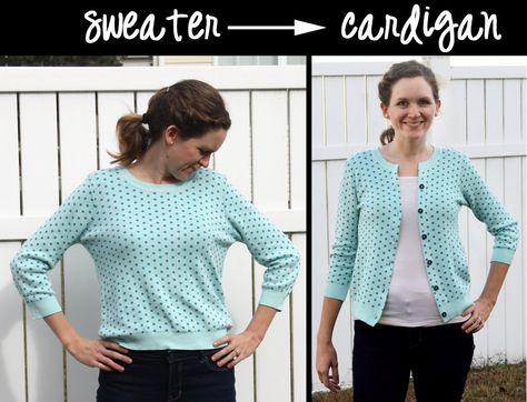 5-6-ways-to-transform-an-old-sweater-into-new-clothing Sweater Makeover, Sweater Hanging, Diy Cardigan, Sweater Refashion, Thrift Store Crafts, Diy Vetement, Old Sweater, Patterns Fabric, Trip Outfits