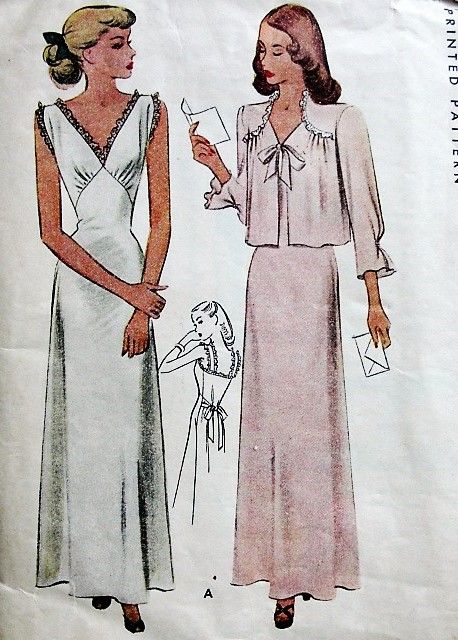 Loungewear Pattern Sewing, Bed Jacket Outfit, Nightgowns For Women Vintage, Sewing Patterns Pajamas, 1940s Pjs, Historical Sleepwear, Vintage Nightgown Pattern, Pijama Pattern, 40s Nightgown