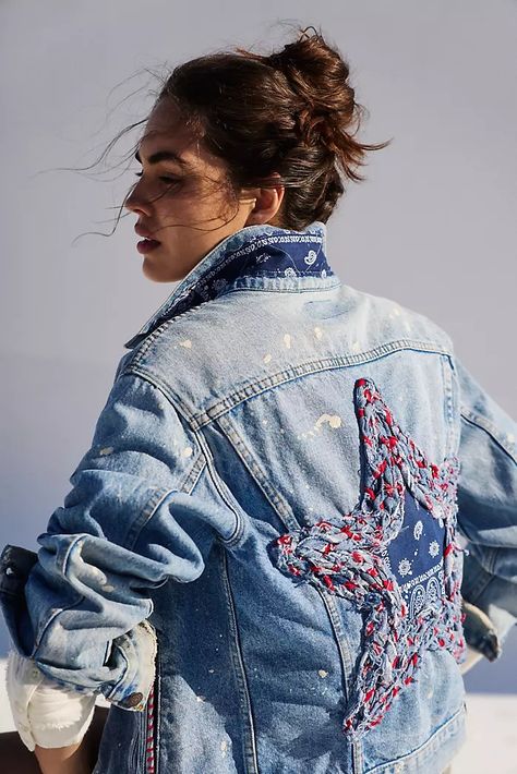 The Americana Collection | Free People Frayed Denim Jacket, Star Jacket, Sportswear Trends, Star Graphic, Denim Jacket Fashion, Star Motif, Embroidered Denim Jacket, American Casual, Boho Chic Wedding