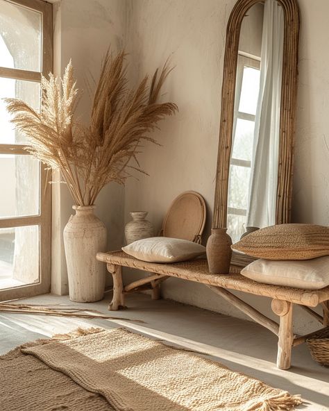 Boho Hallway, Art Deco Living Room, Boho Bathroom Decor, Art Deco Bedroom, Hallway Designs, Hallway Design, Stil Boho, Wooden Vase, Coastal Living Room