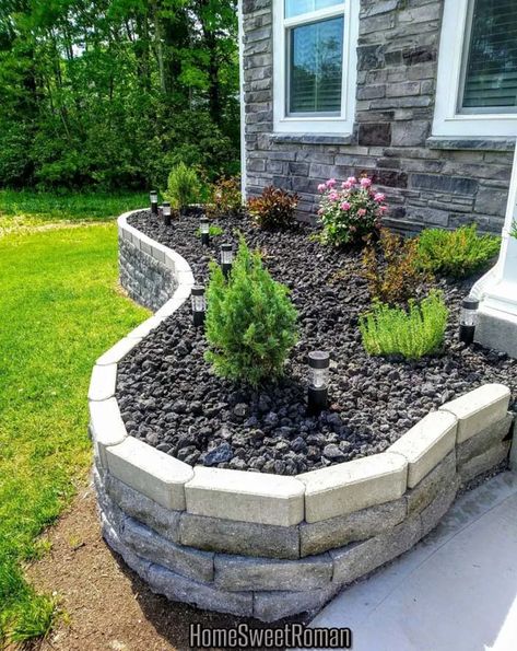 40 Best Landscaping Ideas Around Your House | Decor Home Ideas Lava Rock Landscape, Rock Flower Beds, Diy Garden Landscaping, Bed Makeover, Bed Idea, Mulch Landscaping, Raised Flower Beds, Landscape Rock, Flower Bed Designs