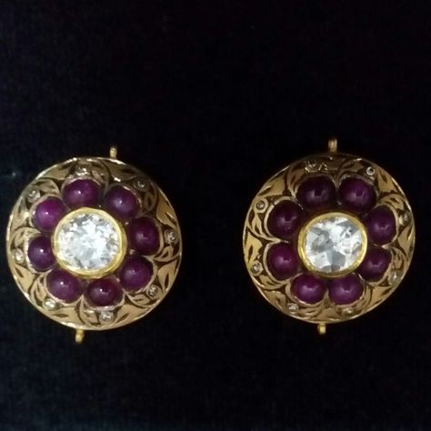 Polki studds with Ruby in gold engraving work Traditional Indian Jewellery, Polki Jewellery, Gold Engraving, Wedding Collection, Traditional Indian, Indian Jewellery, Pocket Watch, Cufflinks, Pinterest Likes