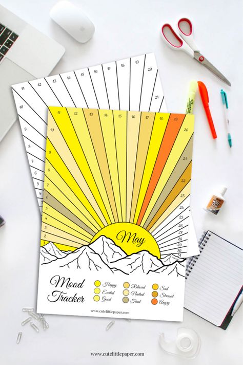 Mood Tracker Ideas - Get The Inspiration For Your Bullet Journal - Mountains and Sun printable mood tracker bullet journal pages #moodtrackerideas #moodtracker #bujoinspiration #bujopages #bujoideas #bulletjournal #bujospreads #mountain #sun Mood Tracker Key Ideas, Mood Tracker Mountain, Mountain Mood Tracker, Mood Tracker Coloring Page, Sun Mood Tracker, August Bullet Journal Mood Tracker, May Bullet Journal Mood Tracker, Mood Tracker Key, Mood Tracker Ideas Easy