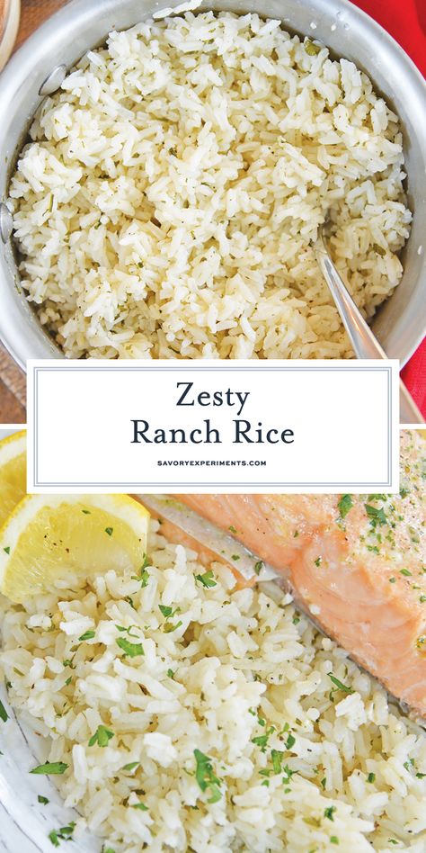 This EASY Ranch Rice recipe is a super versatile side dish that will add gentle flavor to any dinner you are serving. A great way to use a pantry staple! #ranchrice #ricerecipes #ranchricerecipe #easyricerecipes www.savoryexperiments.com Ranch Rice, Rice Recipes Side, Rice Dishes Recipes, Rice Side Dish Recipes, Seasoned Rice Recipes, Rice Cooker Recipes, Rice Side, Rice Side Dishes, Easy Rice Recipes