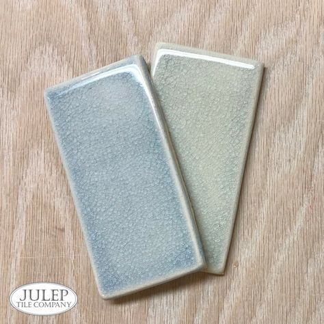 Freshen up your subway tile with a crackle glaze. Shown here is our Sky Blue Crackle & Julep Crackle. Hop over to the blog to find more new ways to use subway tile! | juleptile.com #subwaytile #kitchens #backsplash Handmade Subway Tile, White Subway Tile Bathroom, Blue Subway Tile, Blue Backsplash, White Subway Tiles, Classic Tile, Subway Tile Backsplash, U Bahn, Tile Companies