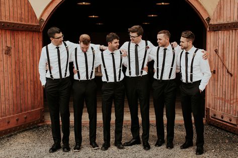 On the Ranch: Bohemian + Fiesta-Inspired Wedding in Oregon - Green Wedding Shoes Groom And Groomsmen Attire Suspenders, Groomsmen Attire Suspenders Black, Black Suit With Suspenders Groomsmen, Groomsmen Overalls, Groomsmen Vest And Bowtie, Suspenders Wedding Black, Casual Groomsmen Attire Black, Groomsmen Suspenders And Tie, Tie And Suspenders Wedding