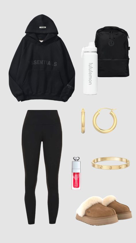 black essential hoodie outfit Essential Hoodie Outfit, Outfit Shuffles, Comfy School Outfits, Casual Sporty Outfits, Preppy Inspiration, Cute Outfits With Leggings, Essential Hoodie, Fitness Wear Outfits, Casual College Outfits