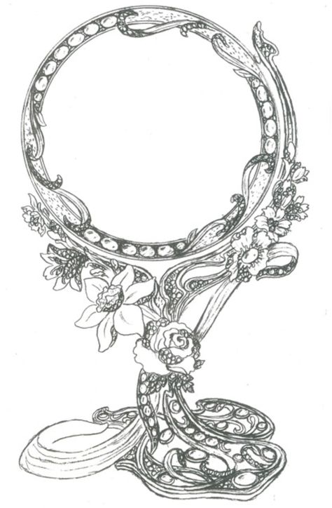 Antique mirror sketch Mirror Sketch, Mirror Drawing, Fancy Mirror, Mirror Tattoos, Fancy Mirrors, Mirror Drawings, Doll House Crafts, Jewellery Sketches, Mirror Painting