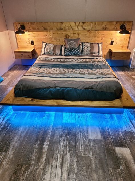 Room Ideas For Men Bedroom Rustic, Custom Built Bed Frames, Western Floating Bed, Floating Bed Ideas, Cool Bed Frames, Homemade Bed Frame, Floating Bed Diy, Build Bed Frame, Pallet Bed With Lights