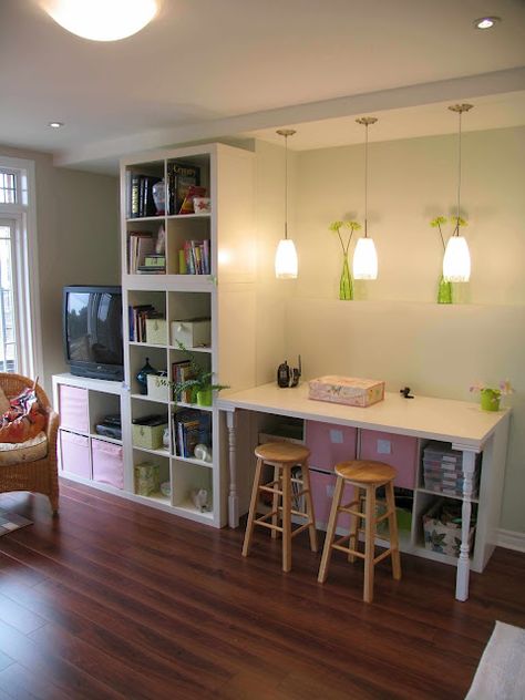 Want to build something very similar in our new mud room for an art/homework station. expedit book cases are around $60! Thinking chalkboard paint behind the desk. Expedit Ikea, Ikea Bookcase, Ikea Expedit, Dream Craft Room, Decor Ikea, Ikea Hackers, Scrapbook Room, Ideas Hogar, Hemnes