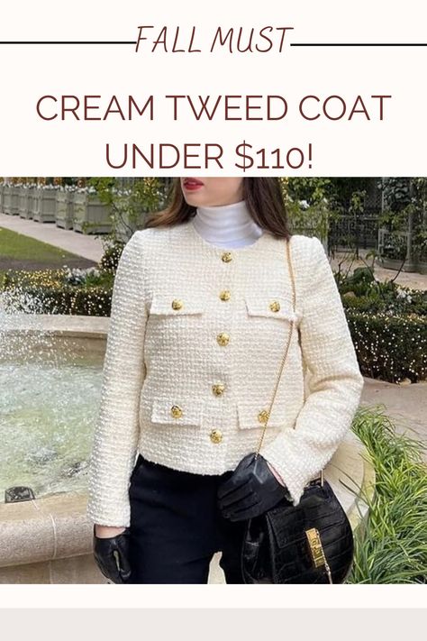 cream tweed coat under $110 Business Shorts, Tweed Coat, Tweed Blazer, Fall Fashion Trends, Tweed Jacket, Fall Trends, Dress Codes, Women Long Sleeve, Fashion Inspo Outfits