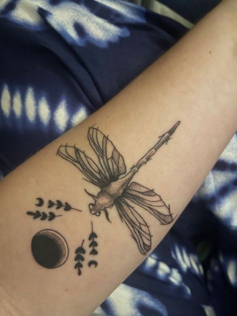 Dragonfly tattoo with moons and lavender #dragonfly #tattoo #dragonflytattoo #lavender #moon Lavender Dragonfly Tattoo, Gothic Dragonfly Tattoo, Witchy Dragonfly Tattoo, Goth Dragonfly Tattoo, Ethereal Dragonfly Tattoo, Lavender Moon, Dragonfly Tattoo, I Tattoo, Lavender