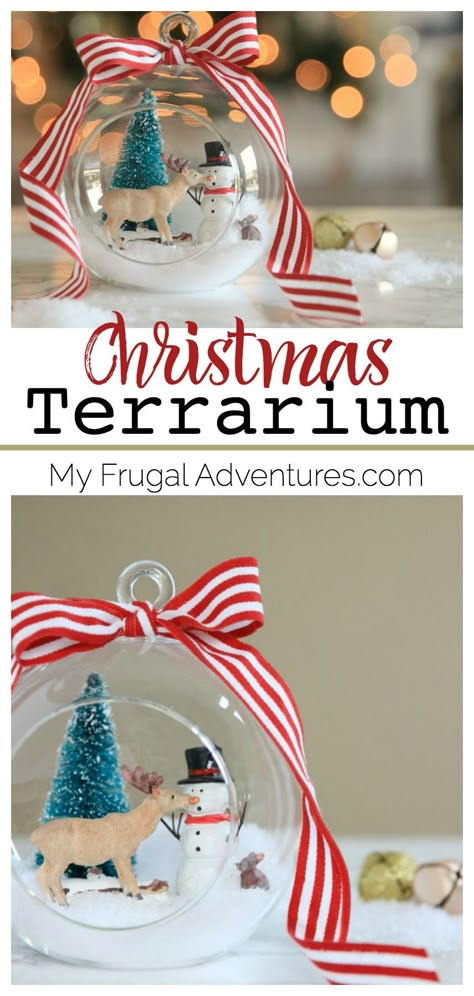 Simple Christmas Terrarium- such a fun and adorable holiday craft idea.  Perfect to do with the kids as a Christmas keepsake. Diy Christmas Terrarium, Simple Christmas Ornaments To Make, Terrarium Christmas Ideas, Christmas Terrariums, Holiday Terrarium, Glass Ornaments Diy Kids, Glass Terrarium Christmas Ideas, Terrarium Ornaments, Clear Glass Ornament Ideas For Kids