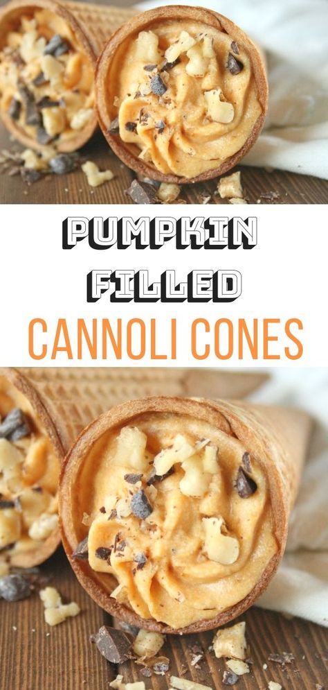 Tired of Pumpkin Pie? Make these easy Pumpkin Pie inspired Italian Cannoli Cones instead! Picture them as crispy sugar cones filled with a creamy ricotta and pumpkin filling with plenty of pumpkin spice, chocolate chips and chopped pecans for a bit of crunch! The best fall treat for Thanksgiving and Halloween! #thanksgiving #halloween #easyrecipes #dessert Pumpkin Cannoli, Cannoli Cones, Pumpkin Spice Chocolate, Italian Cannoli, Pumpkin Filling, Pumpkin Cravings, Fun Thanksgiving Desserts, Thanksgiving Breakfast, Sugar Cones