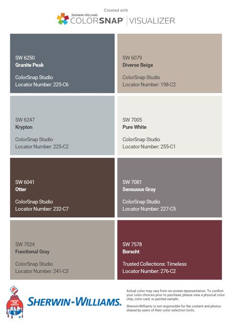 I just created this color palette with the Sherwin-Williams ColorSnap® Visualizer app on my Android phone. What do you think? You can learn more about ColorSnap Visualizer and get it on your phone free by visiting https://www.sherwin-williams.com/content/colorsnap.html. Beige Color Scheme, Modern Mountain Home, Color Board, Modern Mountain, Cabin Design, Mountain Home, Colour Board, Modern Furniture Living Room, Sherwin Williams