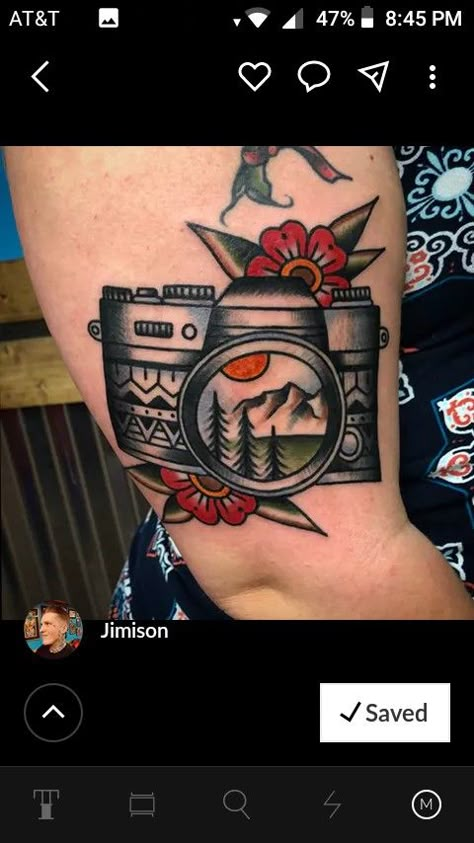 Traditional Tattoo Camera, Photographer Tattoo, Camera Tattoos, Traditional Tattoo Inspiration, American Traditional Tattoo Ideas, Traditional Tattoo Ideas, Sunset Tattoos, Palm Tattoos, Camera Tattoo