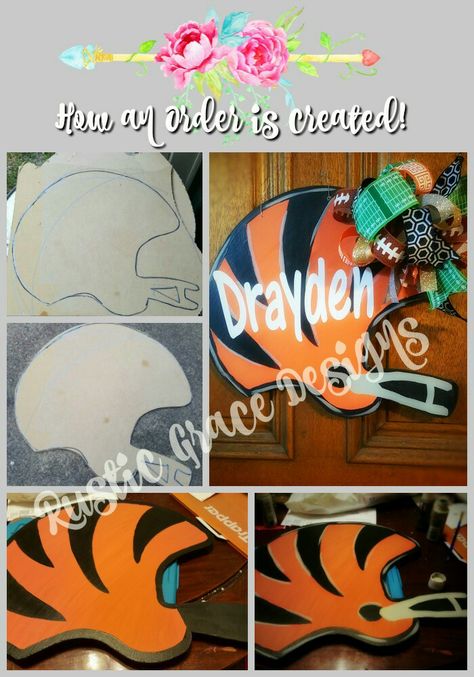 Rustic Grace Designs: Football Helmet Door Hanger, Bengals Football Helmet Door Hanger, Wooden Football, Critter Sitters, Football Door Hangers, Sports Quilts, Hanger Crafts, Football Signs, Fall Football, Wood Door Hangers