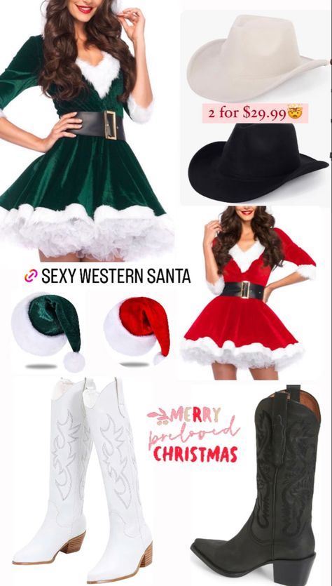 Womens Santa Outfit, Christmas Hoedown Outfit, Santa Con Outfit Women, Cowboy Christmas Party Outfit, Cowboy Christmas Outfit, Western Christmas Outfits Women, Santacon Outfits Women, Santacon Outfit, Western Christmas Outfits