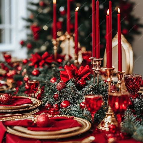 Christmas table with a red tablecloth gold candlesticks with red candles | Premium AI-generated image Christmas Table Red, Gold Christmas Table, Gold Candlesticks, Tablecloth Christmas, Red Gold Christmas, Red Tablecloth, Gold Candle Sticks, Easy Christmas Decorations, Red Table